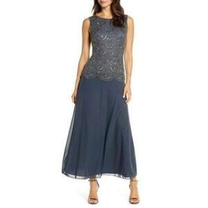 Pisarro Nights Beaded Mock Two-Piece Gown Slate Size 10 $350
